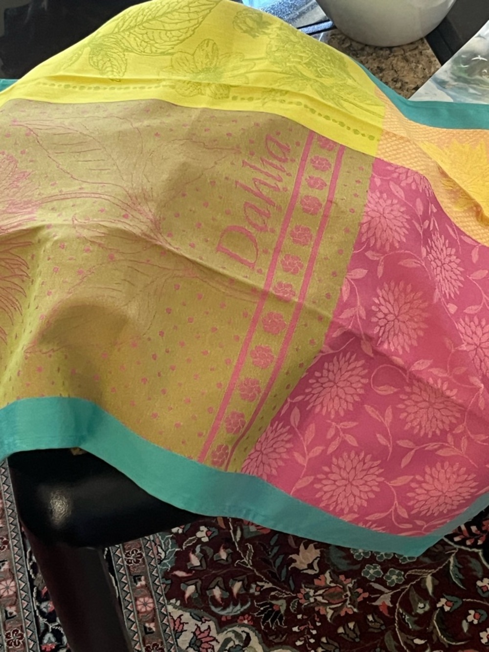 Yellow Floral Linen with Teal Border by Garnier Thiebaut — Decorative towel